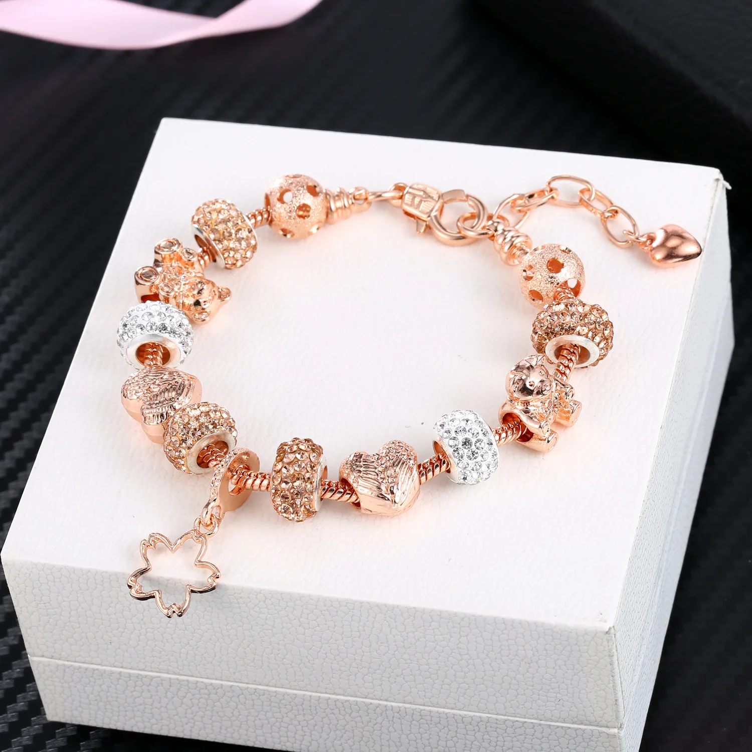  Exquisite Design Austrian Crystal Beads Bracelets Rose Gold Plated Heart Charm For Women