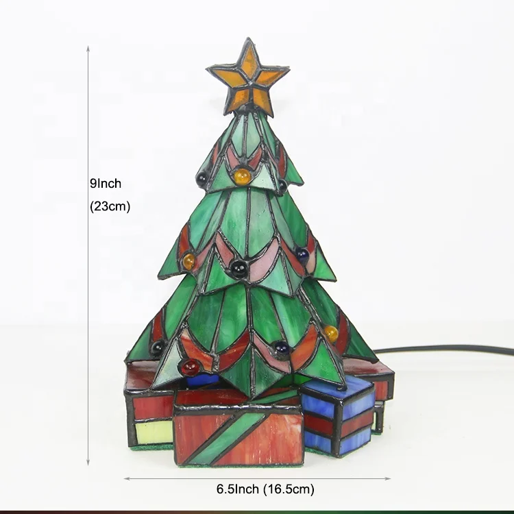 LongHuiJing Custom Made Hand Crafted Stained Glass Leaded Christmas Tree Lamp 9Inch Tall Tiffany Style