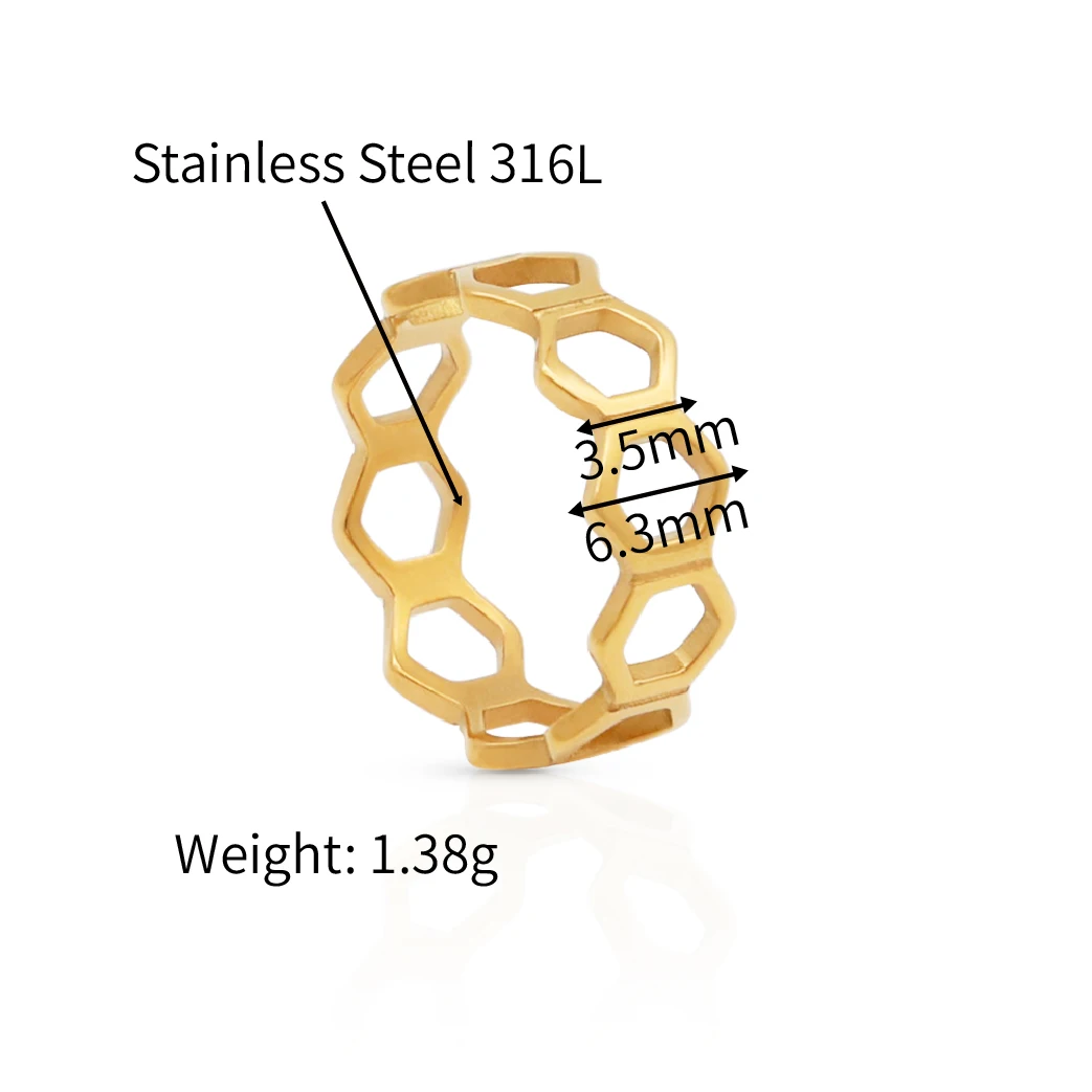 Chris April 316L stainless steel hollow-out bee hive delicate rings18k gold plated
