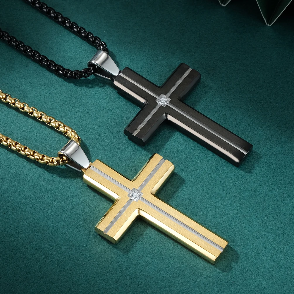 High Quality Black Brushed Cross Pendant Silver Grooved Cross With Stone Centre Stainless Steel Pendant For Men Necklace