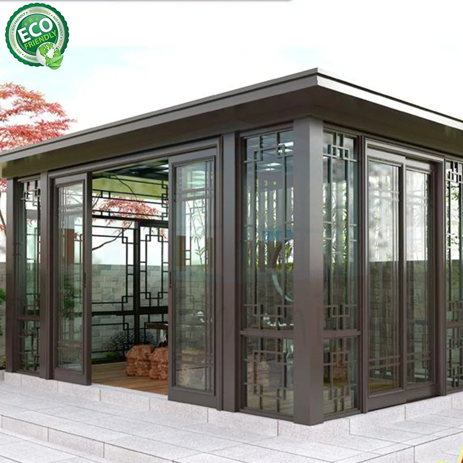 Competitive Price Four Season Slant Roof Free Standing Solar Patio Glass Outdoor House