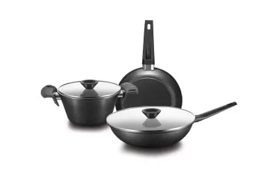 
9pcs Glass lid with silicon ring stone effect non-stick aluminum pan cookware set 