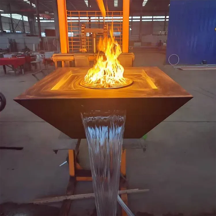 Corten steel fire pit waterfall fire bowl water outdoor pool with ignitor