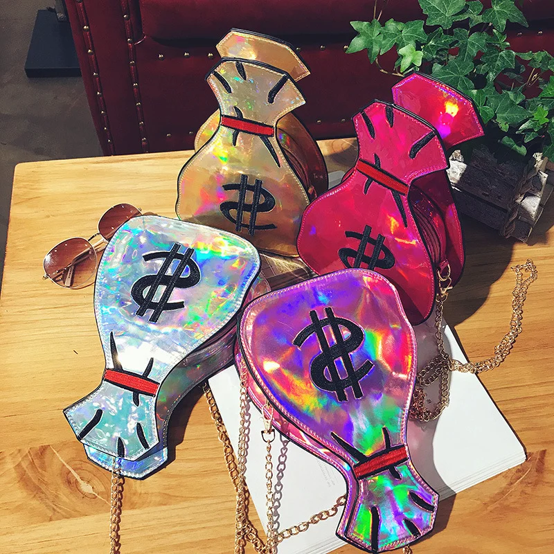 Хит продаж, повседневная сумка для вечеринок, женская дизайнерская сумочка для денег, блестящая женская сумочка из искусственной кожи с лазерным принтом долларов