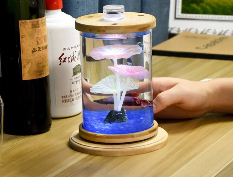 Rotating round fish tank table glass mini betta bottle small light fish tank