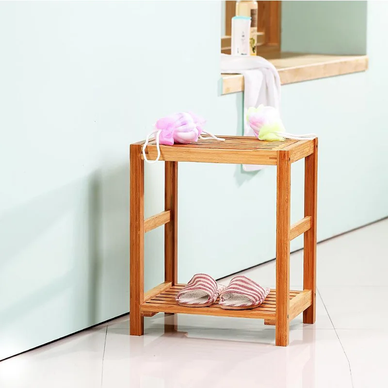 Storage Shelf Wood Indoor Bathing Bench Spa Bath Seat Bench Stool Storage Stool With Storage Rack