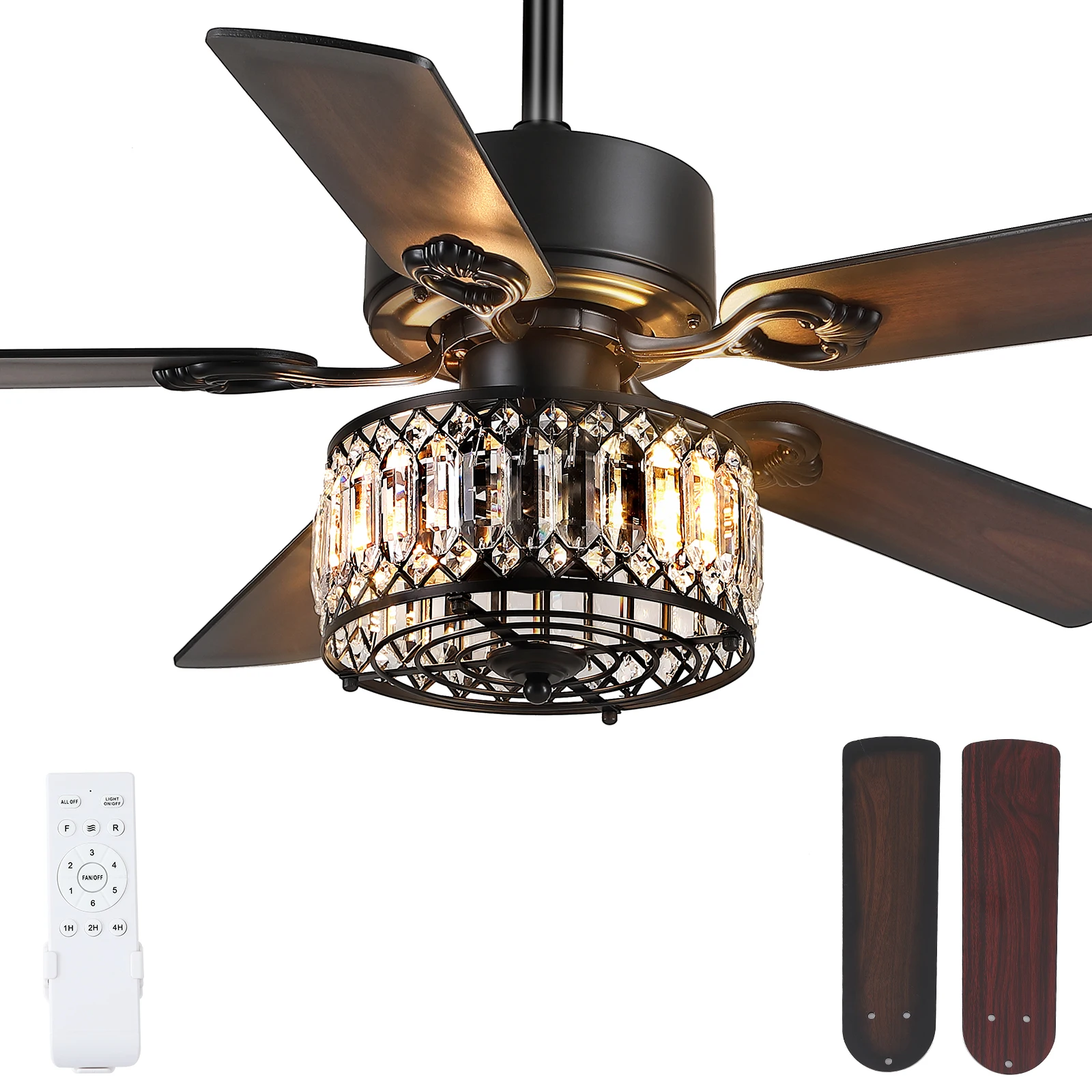Decorative Moder 48 Inch 5 Blades Dc Motor Led Chandelier Fan Remote Dimmable Luxury Crystal Ceiling Fans With Light