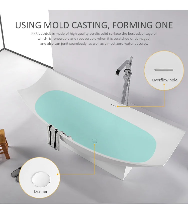 KKR bathtub luxury bathroom freestanding faux artificial white marble stone acrylic resin solid surface bath tub bathtub