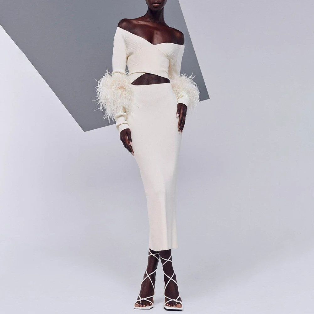 Ostrich Feather trim dress long party white feather Matte Midi stage fur dress cut out feather dress women
