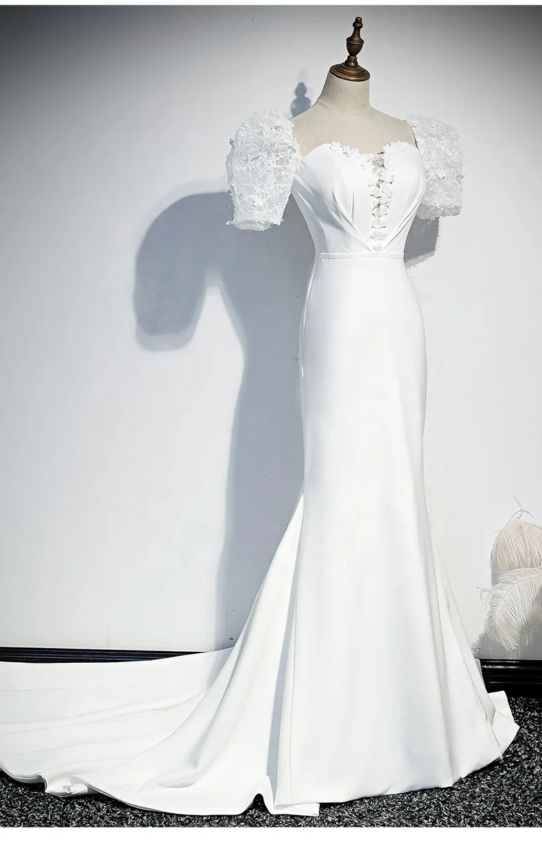 Elegant Short Sleeve Open Back Glass Crystals Beading Long Train Mermaid Wedding Dress white bridal gown