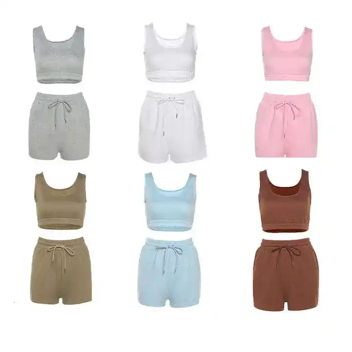 Manufacture Wholesale sport short sets 180 gsm Organic cotton Crop Top Two Piece Women  Shorts  Casual Joggers Sets