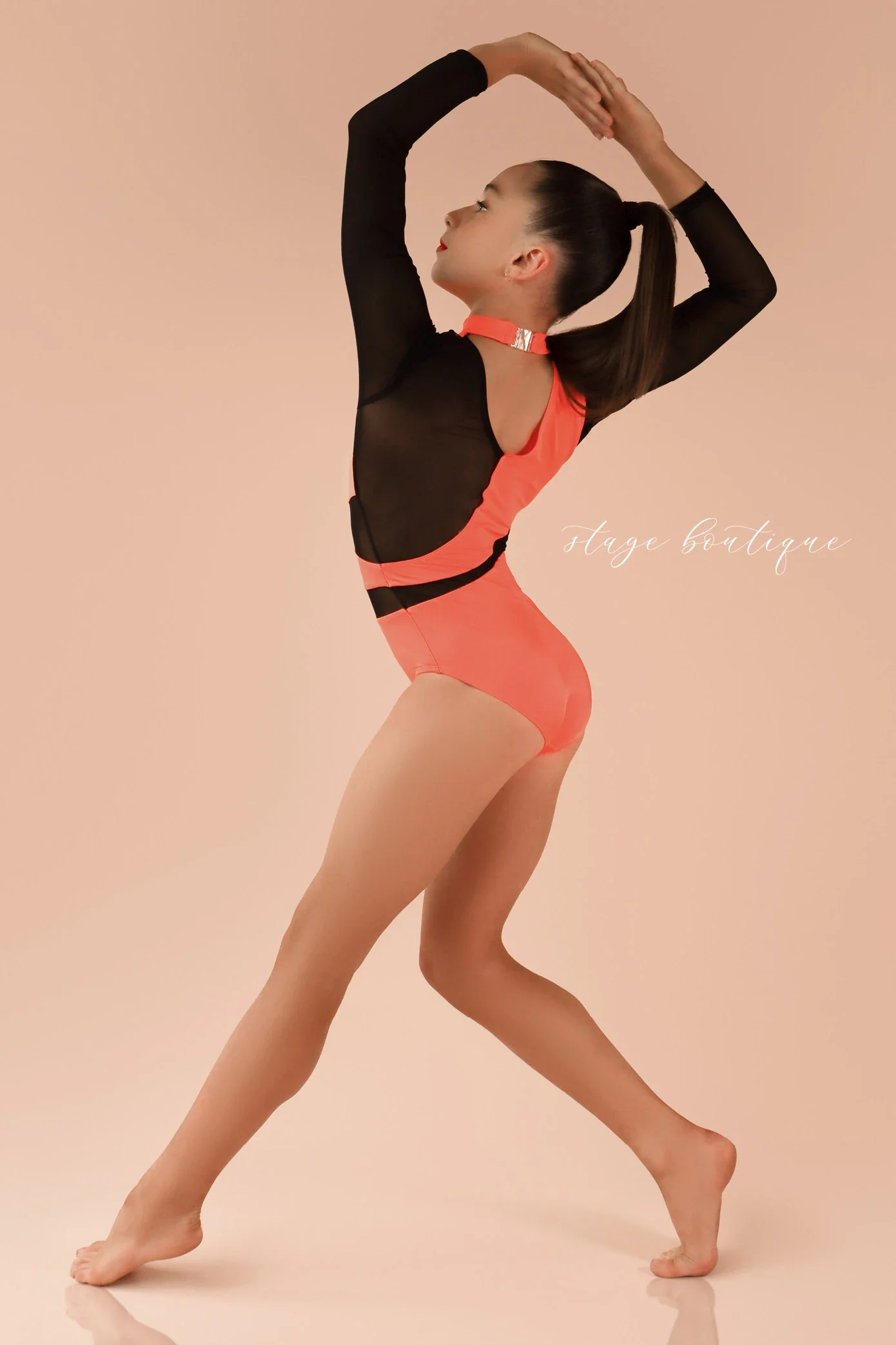 Stage boutique mesh and lycra fabric splicing long sleeve dance unitard girls jazz costume for performance