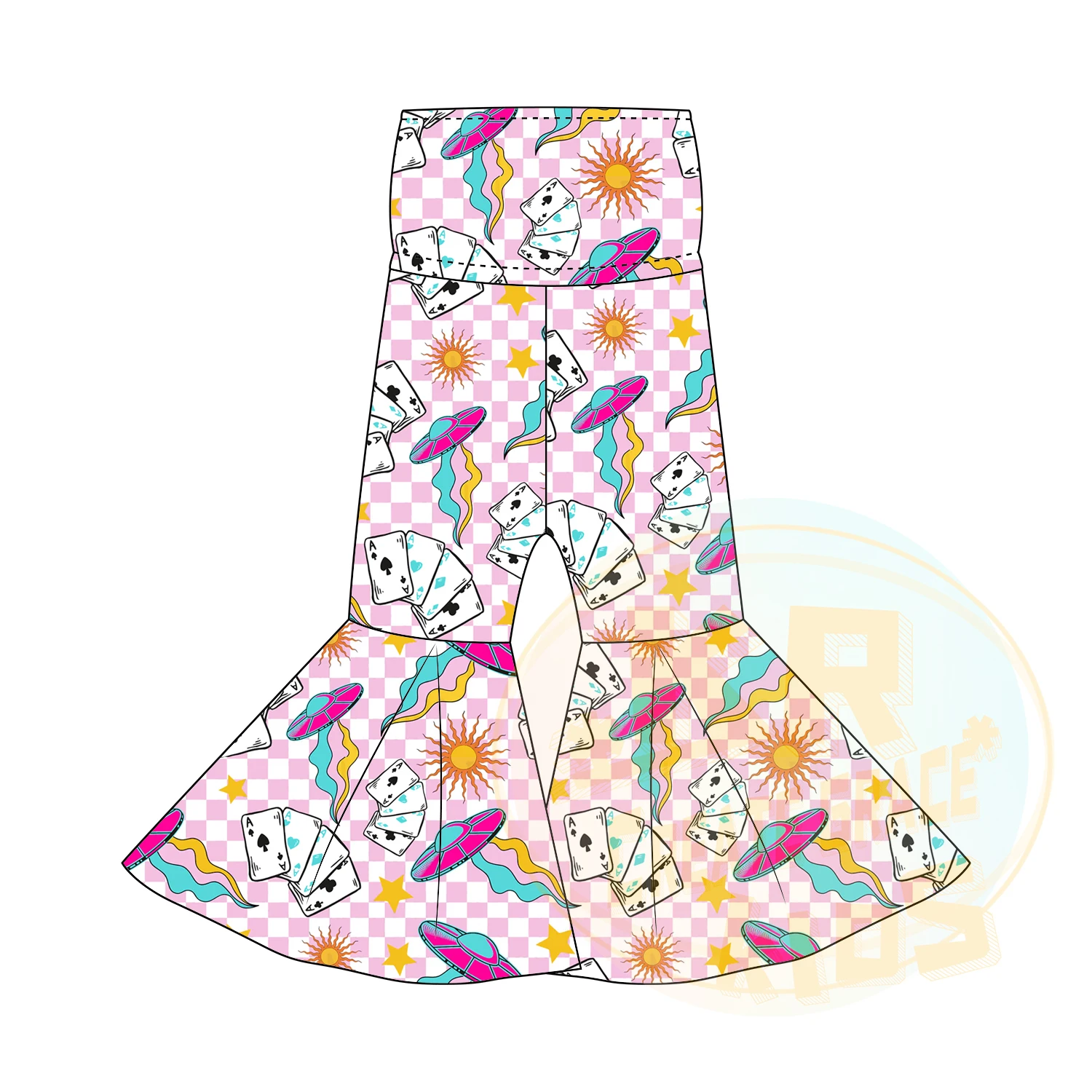 Manufacture Stylish Toddler Clothing Print Horse Poker Skull Star Boots Plaid High Waist Flares Trousers Girls Bell Bottom Pants