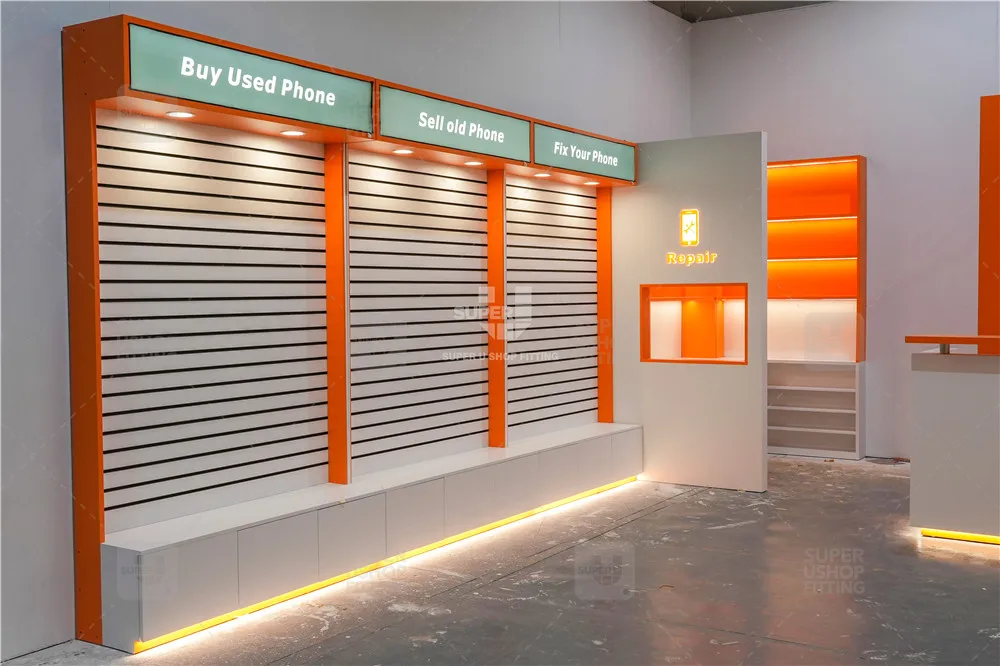 Custom Cell Phone Repair Store Decoration Electronics Phone Accessories Glass Wall Display Cabinet Mobile Phone Shop Display