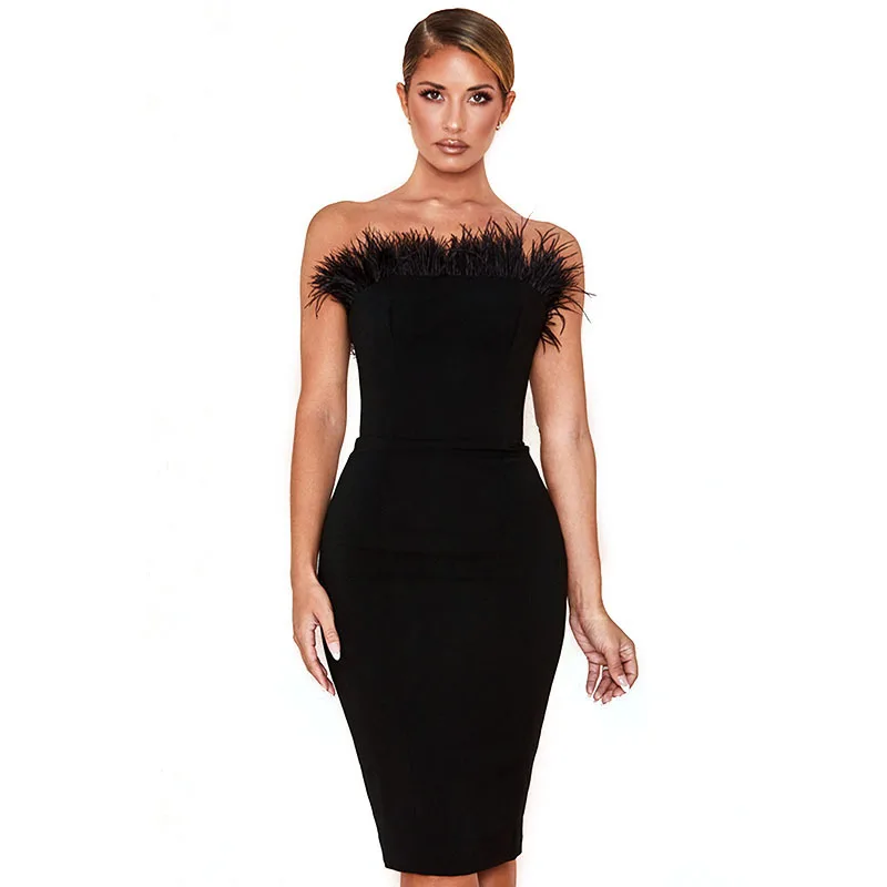 D8730 Feathered slim strapless cocktail bandage dress for women