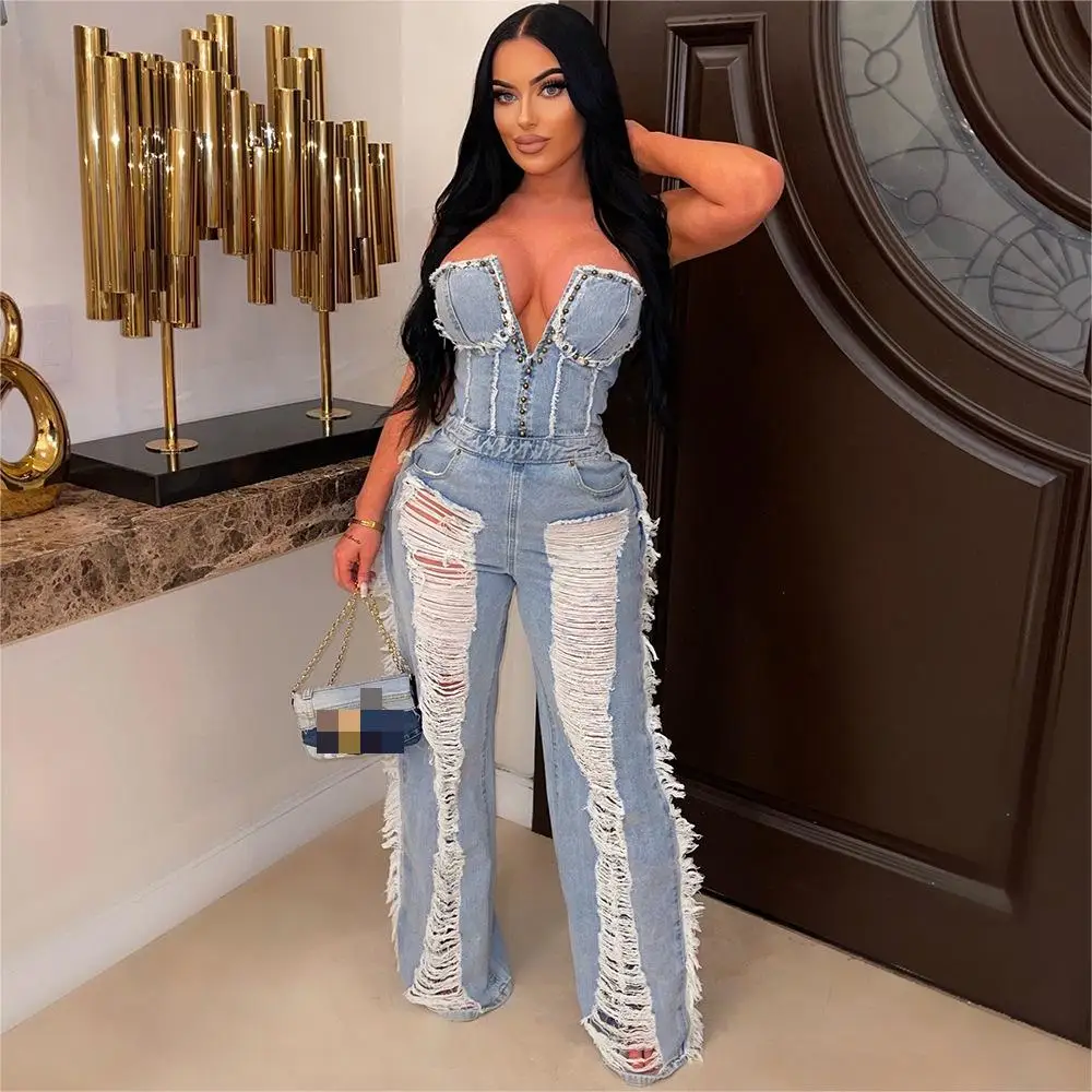 Street Wear Women Jeans Jumpsuit Off Shoulder High Quality Sleeveless Denim Ripped Hollow Jumpsuit
