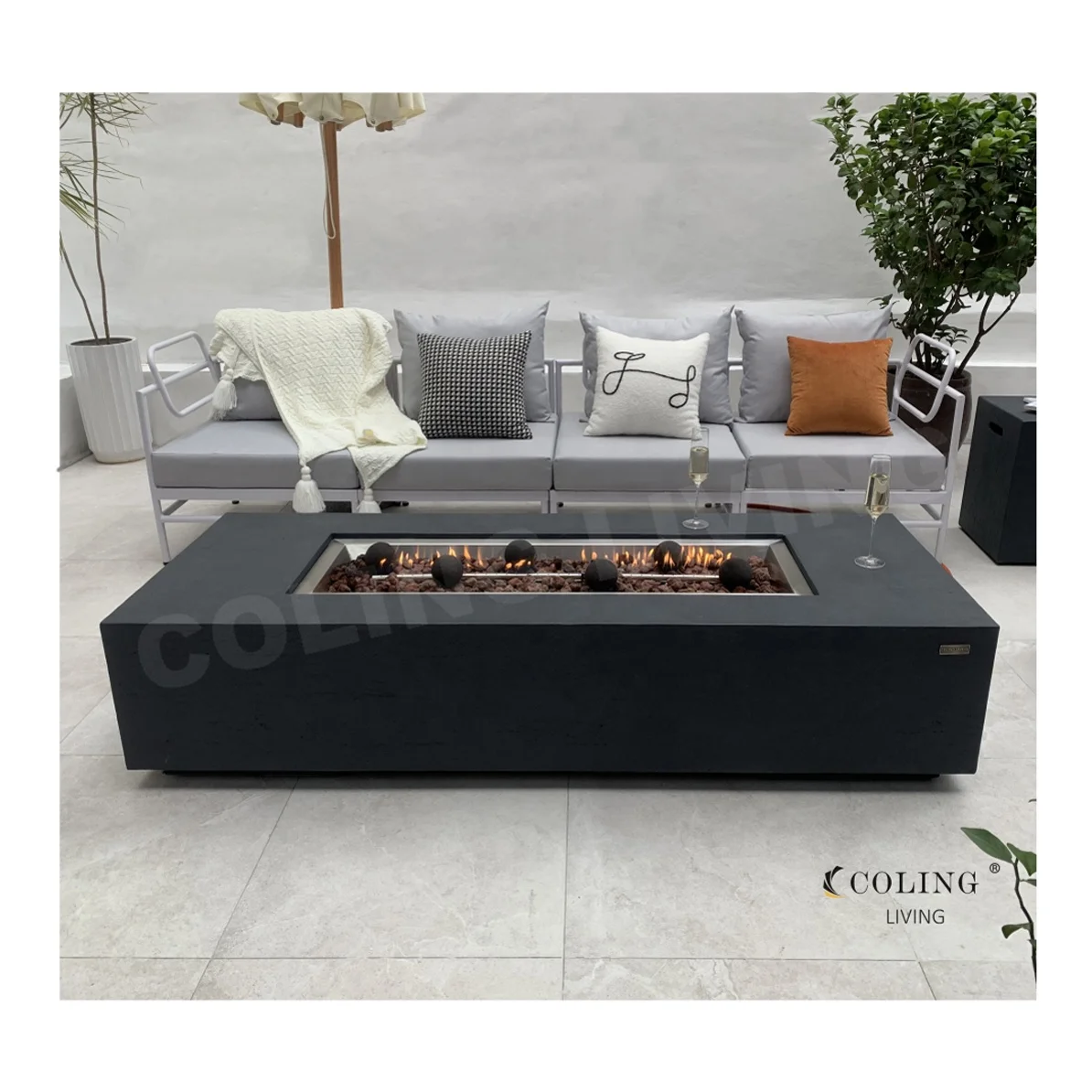 New P007 Premium Rectangular Cement Fire Pit Natural Gas fire table Square Concrete fire features