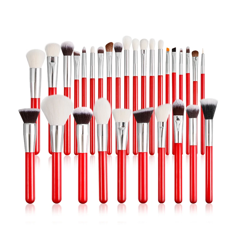 BEIYALI Wholesale Red Natural Goat Professional 24pcs Makeup Brush set high quality private label set de brochas para maquillaje