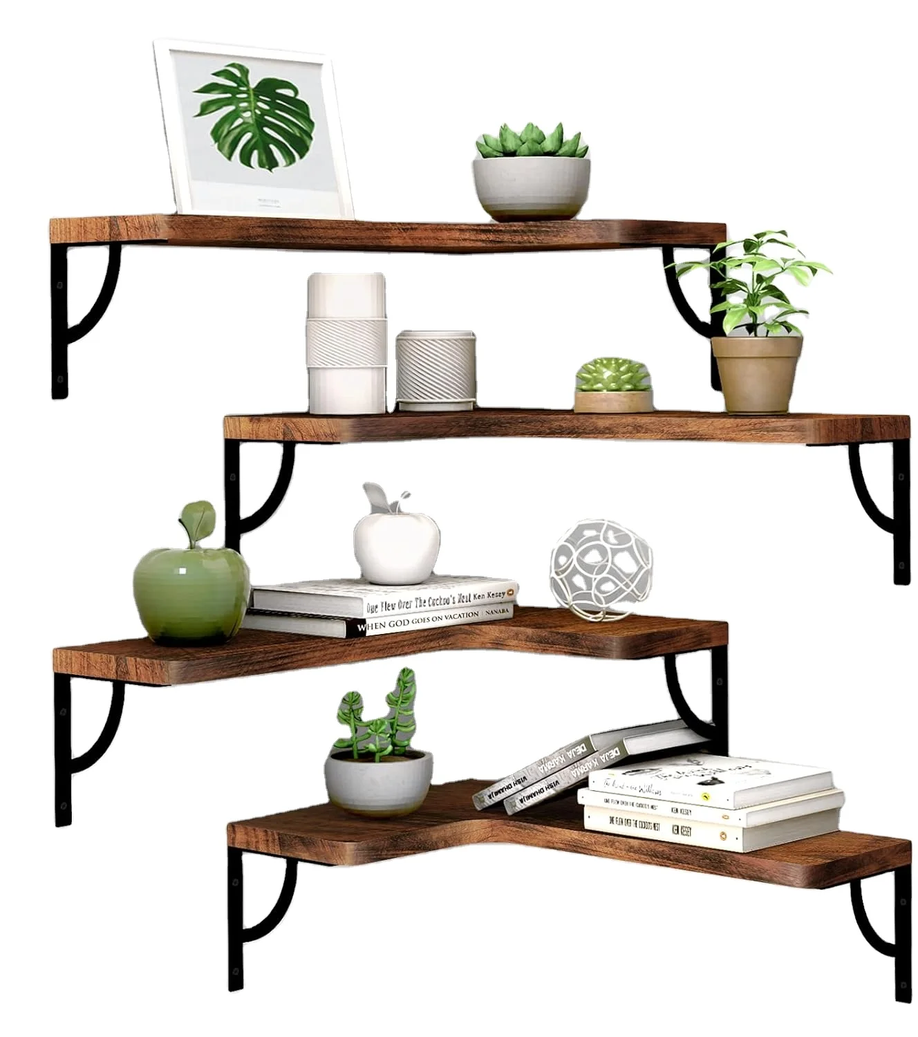Corner Floating Shelf Wall Mounted 4-layer Wood Floating Shelf Wall Storage Bathroom Kitchen Office Wall Storage Rack