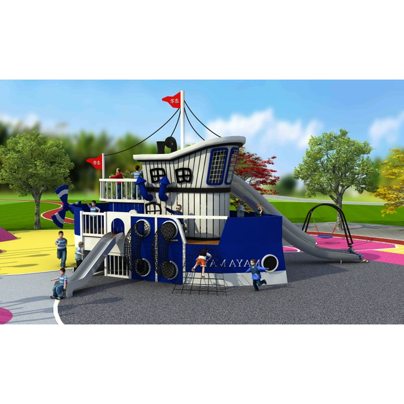 New series commercial kids outdoor wood ship shape playground with plastic slides