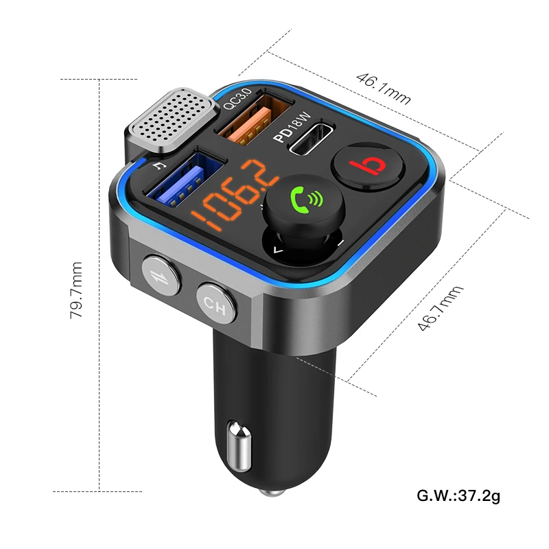 QC3.0 USB Car Charger Audio Car Mp3 Player fm transmitter  BT5.0 Handsfree Car Kit colorful led breathing light