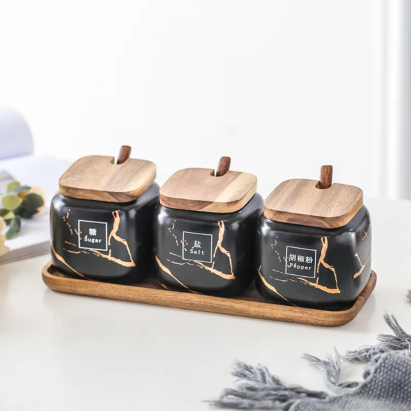 High quialty Household Ceramic Salt Sugar Pepper Oil Pot Spice Jar Seasoning Storage Box With Spoon Combination Set