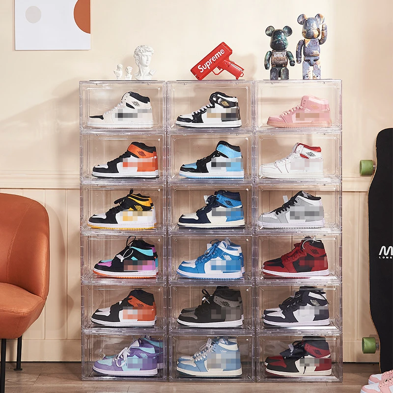 View larger image  Share Hot sell plastic clear shoe box drop front sneaker box transparent acrylic shoe storage Stackable O