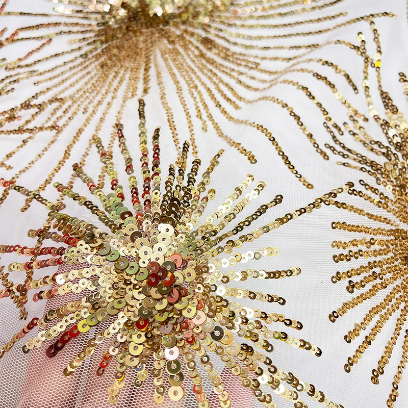 Customized African Wed White Gold Shining Beads Sequins Lace Fabric For Nigerian Wedding Party Dress