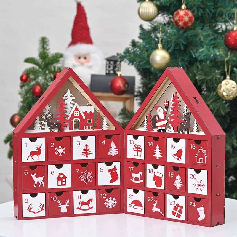 EAGLEGIFTS Traditional Red White Wooden Craft Children Candy Gift Storage Box Tabletop Christmas Advent Calendar with 24 Drawers