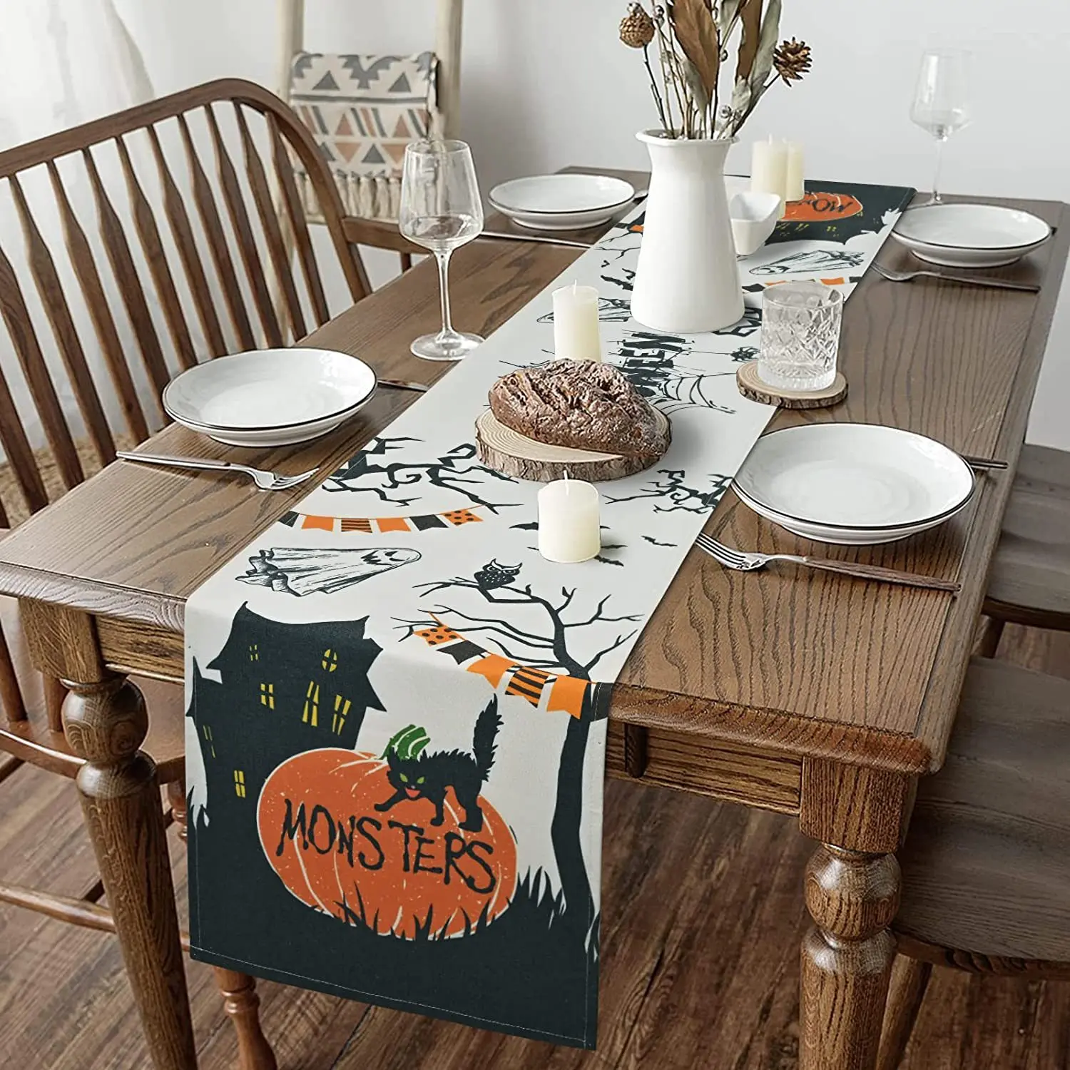 Halloween Heat Resistant Table Runner for Round Tables Bohemian Sublimation Greenery Tapestry Yellow Green Sequin Moss