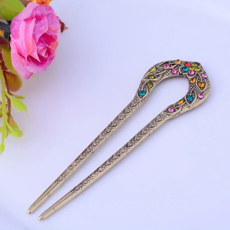 Vintage Hair Accessories Antique Bronze Plated Hairpins U shape Hair Stick Pin Women Rhinestone Flower Hair Jewelry