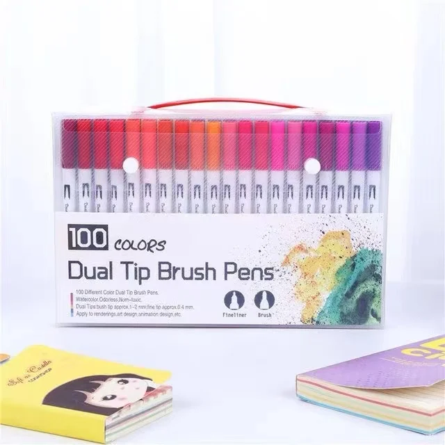 Ручки с двойным наконечником 100 цветов художественными маркерами Fineliners акварельные Двойные наконечники кисти и хайлайтеры для