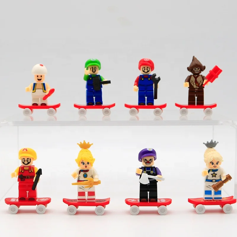XRH 24pcs/Display box Mario mini Game action figures Super hero Game Battle With Skateboard Blind Box Building Blocks Toys