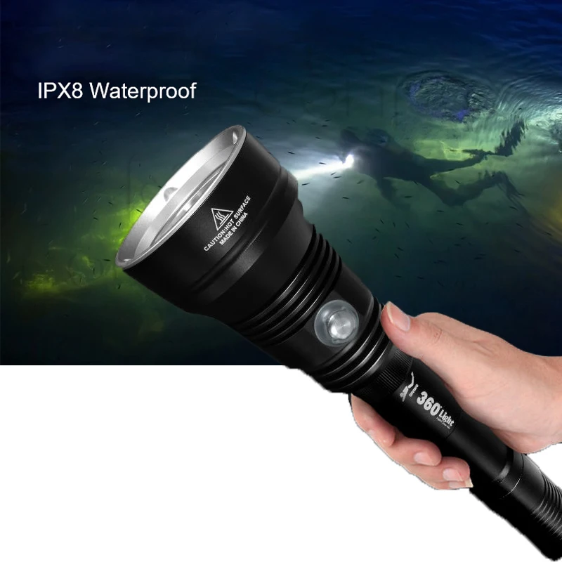 360Light Super 8000LM Professional IP8 Waterproof rating Lamp Using 26650 Battery led Diving Underwater torch light flashlights