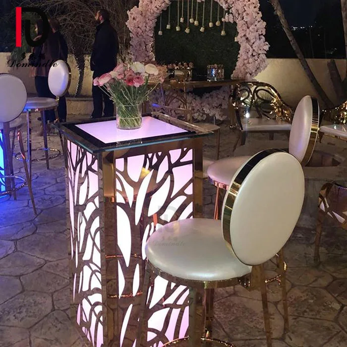 wedding bar furniture stainless steel frame LED light cocktail bar table
