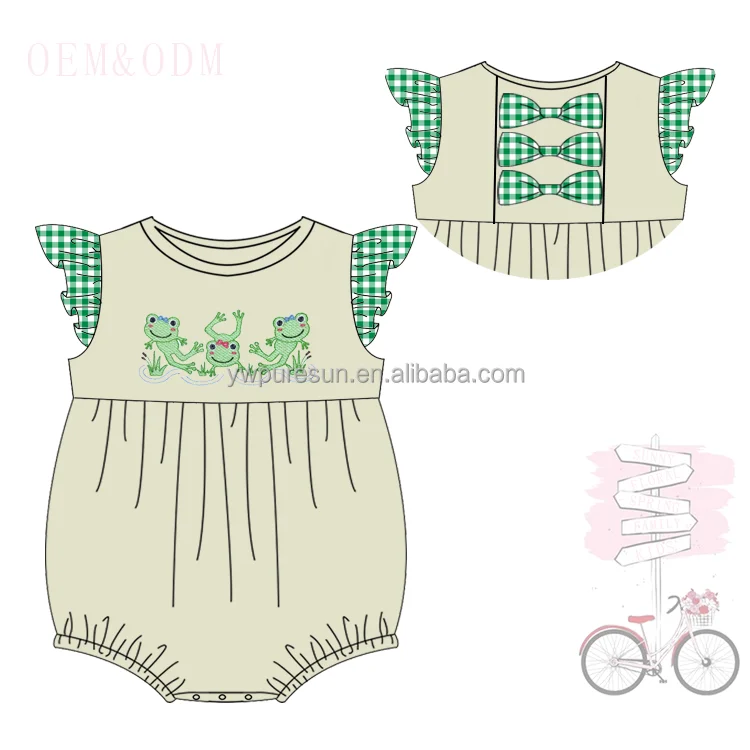 Puresun cute spring back bows frog designs flutter sleeve skirt shirt bloomer short set children wear newborn baby clothes
