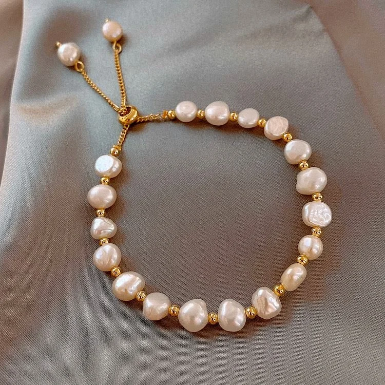 Luxury Vintage Style Pink White Freshwater Pearl Gold Plated Baroque Design Adjustable Beaded Bracelet
