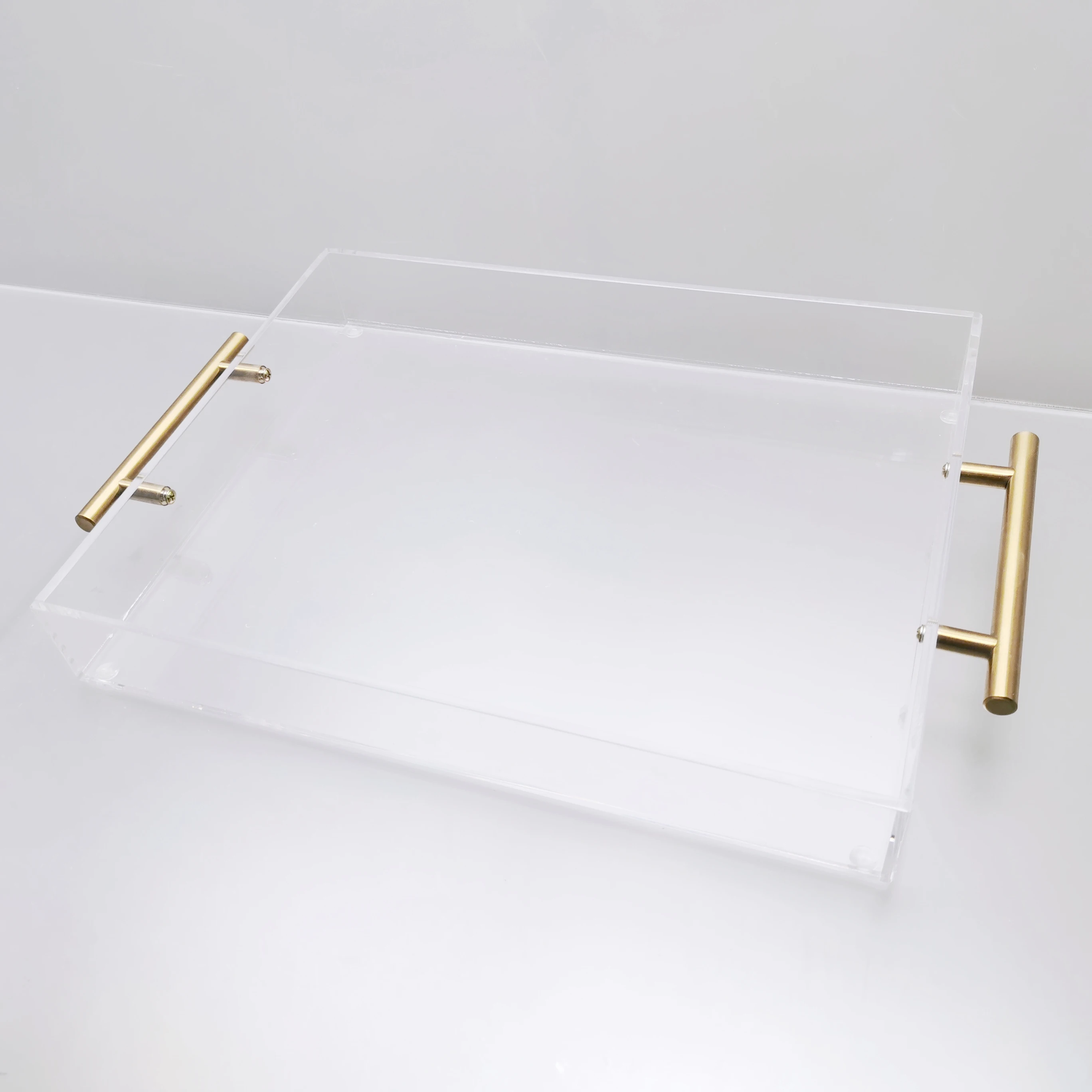 Fashion Acrylic Clear Tray Custom Clear Acrylic Tray Rectangular Tray With Gold Handle