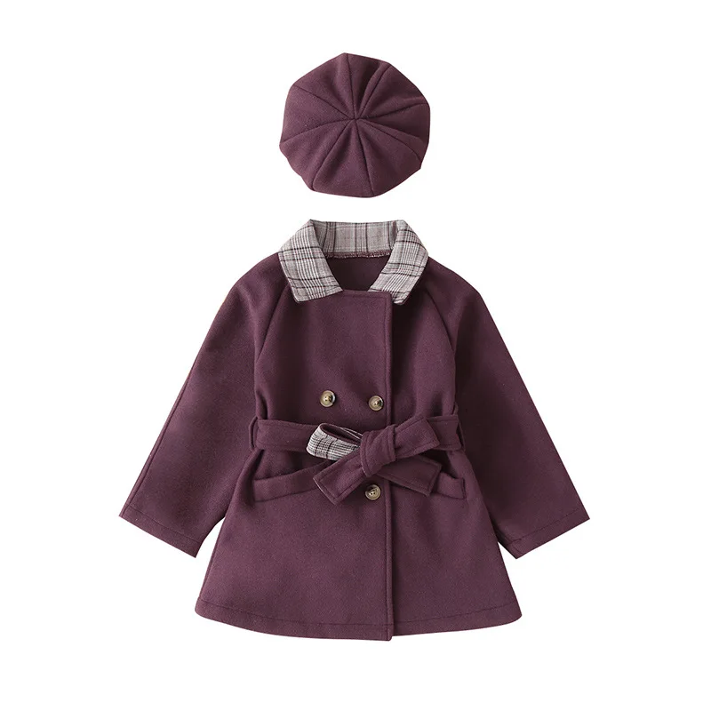 6386 Fall Winter Korean Baby Girl Cardigan Jackets Double-breasted Coat + Hat 2pcs Lapel Kids Plaid Outerwear Wool Warm Overcoat