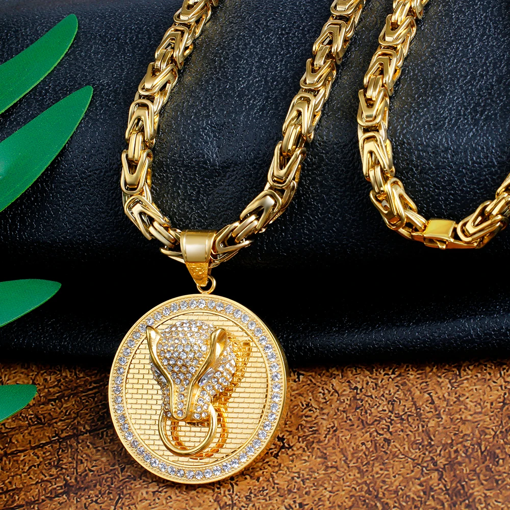 Wholesale Stainless Steel Leopard Jewelry 18K Gold Plated Chain Animal 3D Panther Head Pendant Necklace For Men