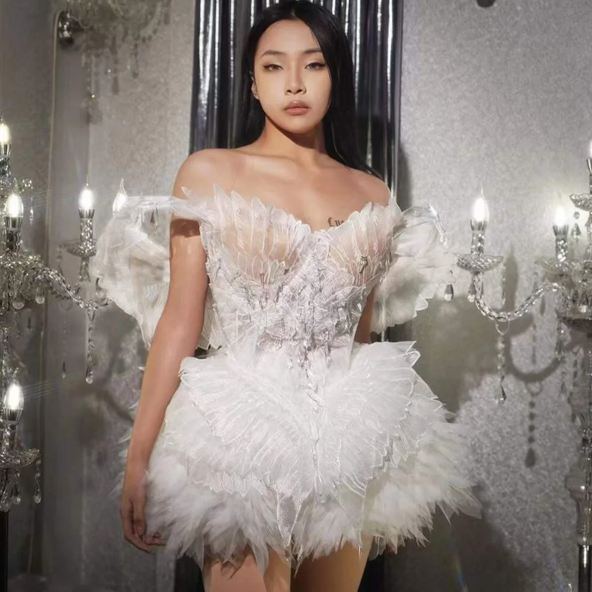 Ocstrade Ladies Romantic Performance Dress Club Off The Shoulder Backless Feather Mini Party Dress With Wings