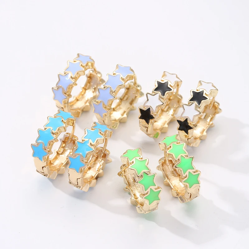 Trendy Stars Pattern Enamel Earrings Wholesale Handmade Gold Plated Huggie Hoop Earrings Jewelry