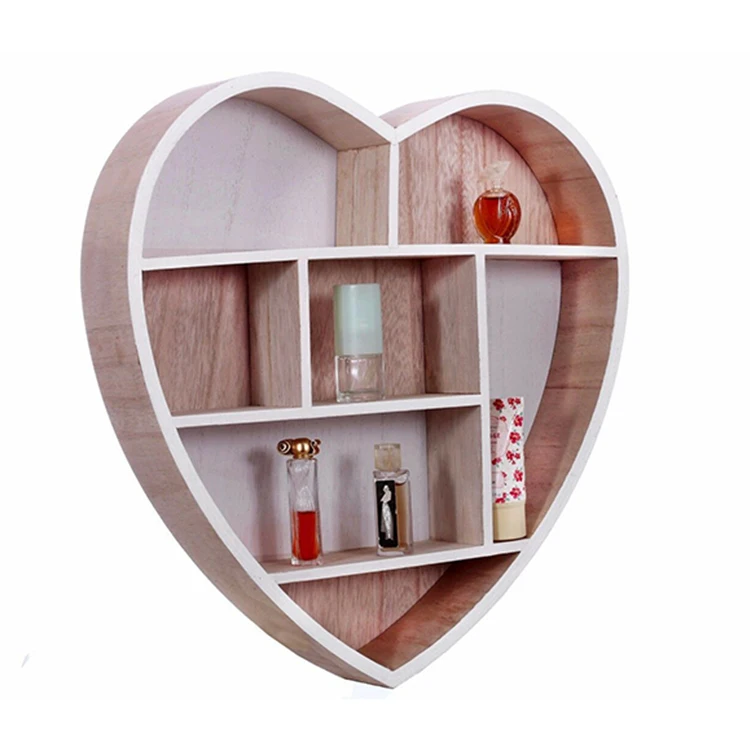 Display heart shape grid storage wall shelves wooden Rustic Brown Display Storage Wall Mounted Bookshelf Wooden Floating Shelves