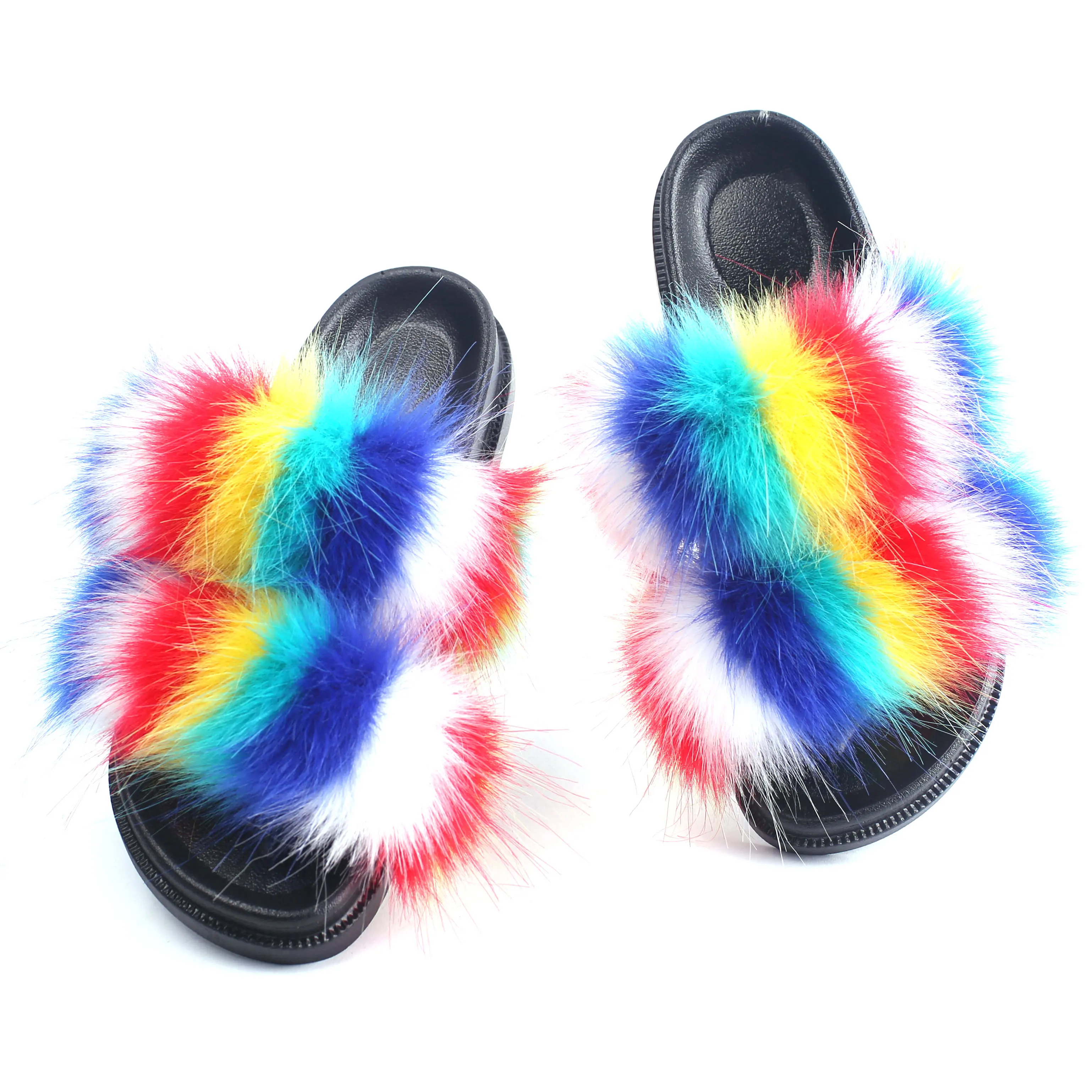 two strap house fluffy fur womens slippers 2023 Soft Furry Sandals Faux Double Strap Fur Slides