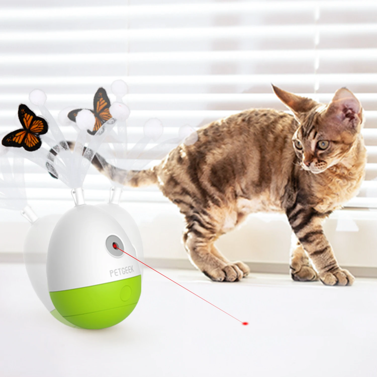 PetGeek, кошка, Интерактивная Лазерная Игрушка для кошки с перьями и бабочкой