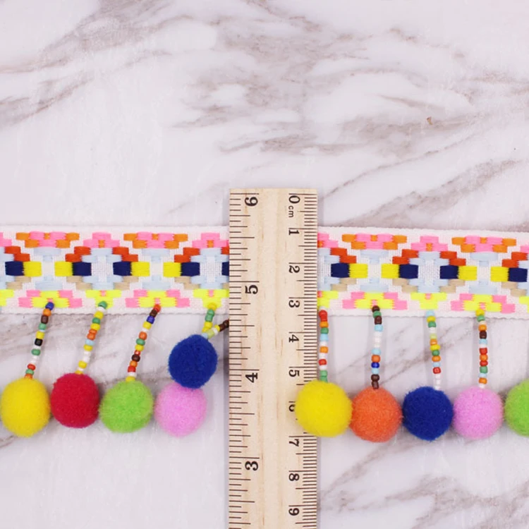 Hot Selling Colorful Wool Ball Lace Diy Handmade Nailed Beads National Style Ribbon Curtain Tassel Lace