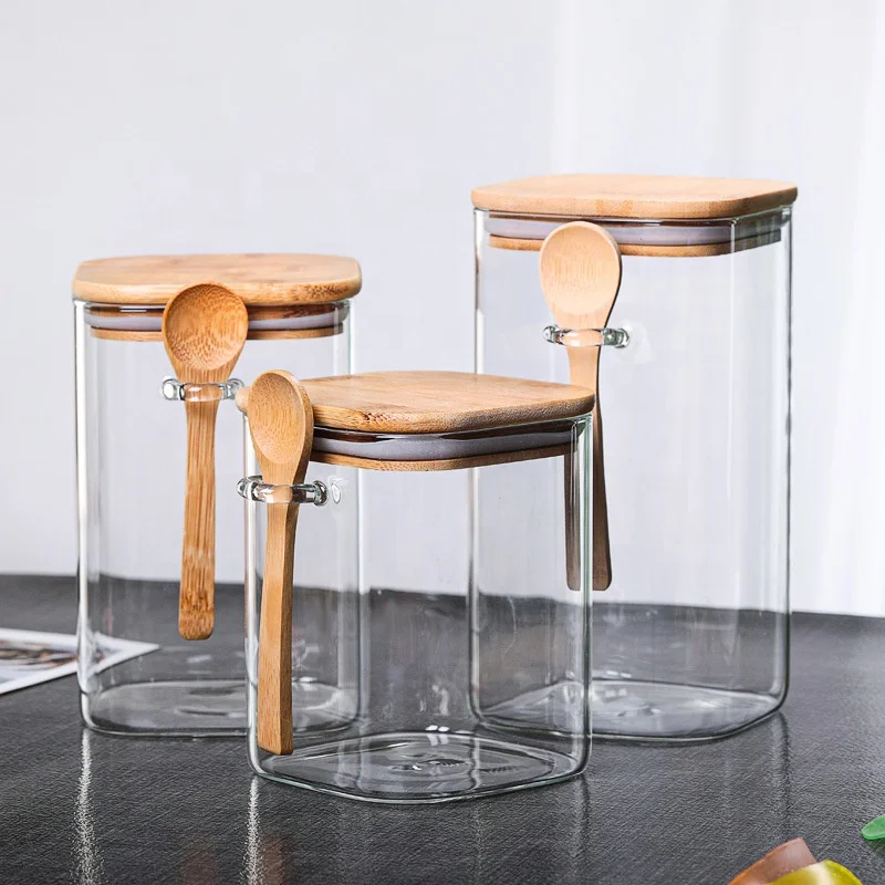 Squared Transparent Glass Food Storage Jar With Bamboo Lid Tea Coffee Beans Container Snack Nuts Sealed Box Kitchen Organizer