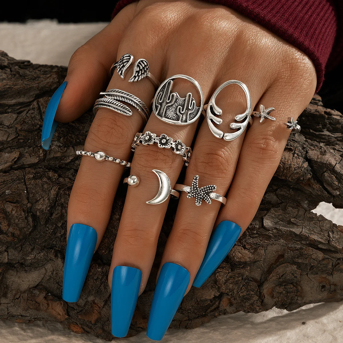 9pcs/sets Vintage Silver Color Cactus Moon Joint Ring Sets for Women Leaf Starfish Flowers Geometric Ring Jewelry