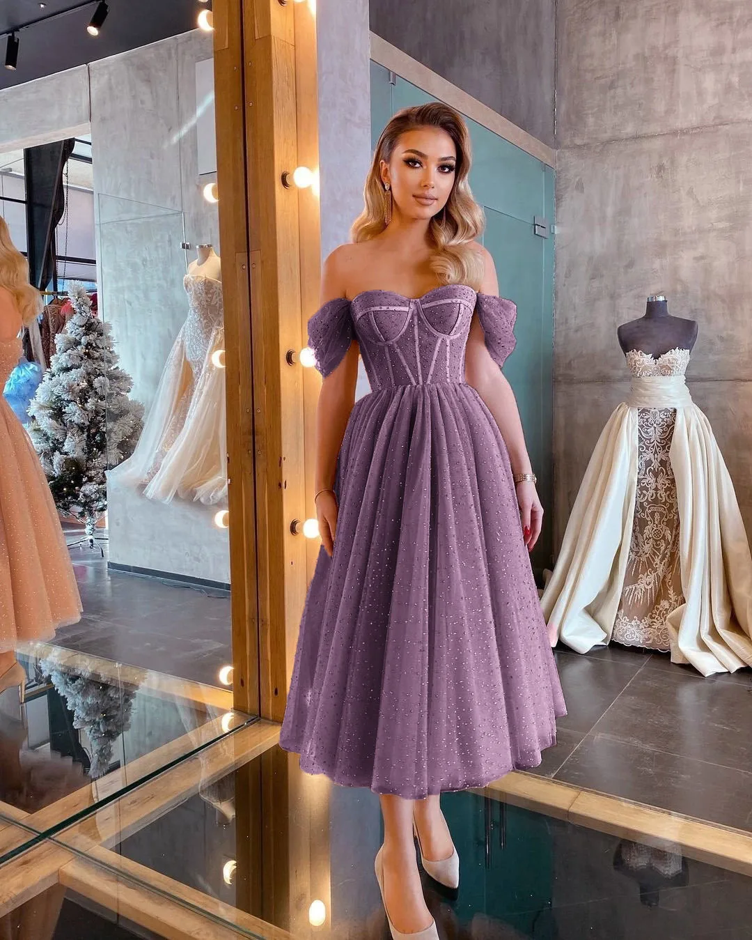 Popular Off Shoulder Slip Formal Dresses Mesh Pink Aline Ball Gown For Women Evening Dresses Elegant Romantic