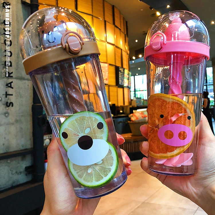 Water Bottles with Cute Animal Straw 14oz Kids Water Bottle Factory Direct Selling Unique Plastic PC Children Plastic Cups TOUR